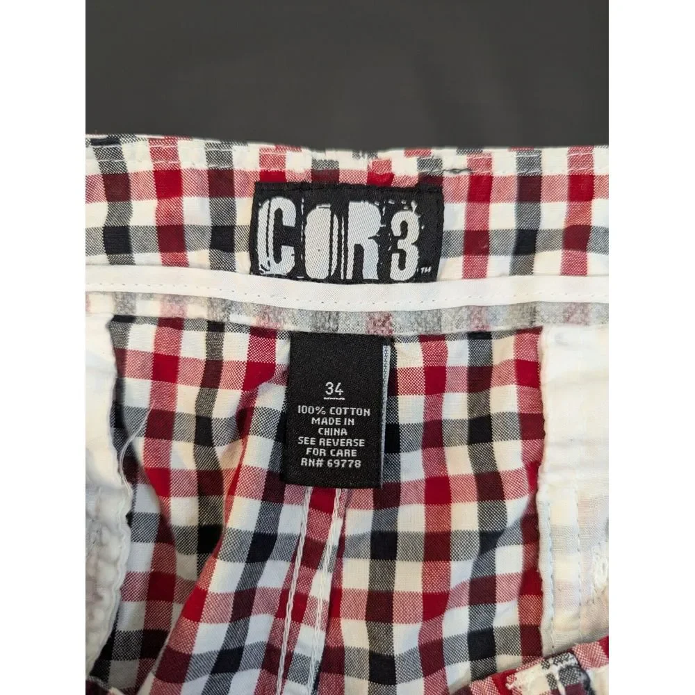 COR3 Plaid Shorts‎ Red Black Y2K Men's Size 34 11